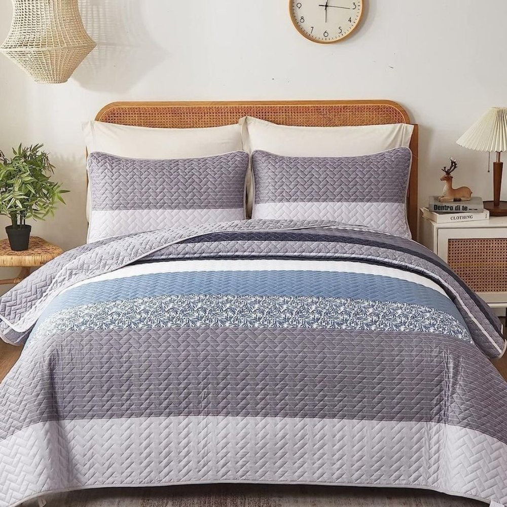New Boho Blue & Grey 3 PC Bedding 100% Polyester Quilt Set • Reversible • QUEEN